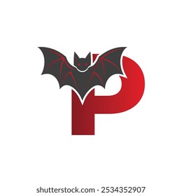 Vampire Bat Vector Illustration with Capital Letter P. Educational Tool for Teaching English Letters .P bat logo design vector illustration.	