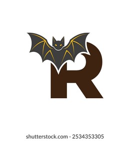 Vampire Bat Vector Illustration with Capital Letter R. Educational Tool for Teaching English Letters .R bat logo design vector illustration.	