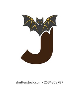 Vampire Bat Vector Illustration with Capital Letter J. Educational Tool for Teaching English Letters .J bat logo design vector illustration.	