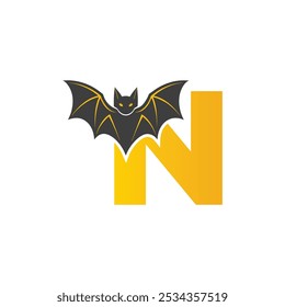 Vampire Bat Vector Illustration with Capital Letter N. Educational Tool for Teaching English Letters .N bat logo design vector illustration.	