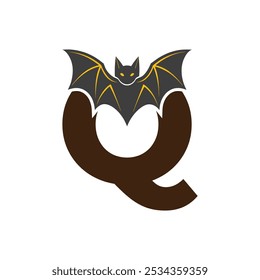 Vampire Bat Vector Illustration with Capital Letter Q. Educational Tool for Teaching English Letters .Q bat logo design vector illustration.	