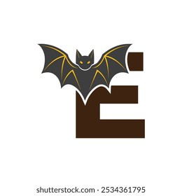 Vampire Bat Vector Illustration with Capital Letter E. Educational Tool for Teaching English Letters .E bat logo design vector illustration.	