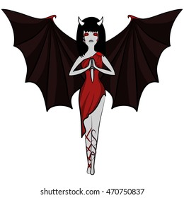 Vampire with bat wings and devil horns. Halloween cartoon character isolated. Girl holding a dagger. Red costume for the holiday. Flat art. Greeting card on the Halloween. Vector illustration.