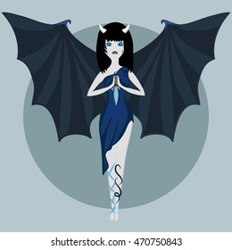 Vampire with bat wings and devil horns. Halloween cartoon character. Girl holding a dagger. Blue costume for the holiday. Flat art. Greeting card on the Halloween. Vector illustration.