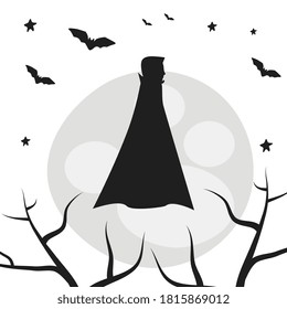 Vampiros y murciélagos vuelan sobre los árboles, la luna aislada sobre fondo blanco. Una invitación a una fiesta en honor a Halloween.