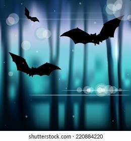 Vampire bats flying silhouettes over blurred nature landscape vector illustration