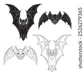 Vampire bats gothic clipart set. Witch familiar spirit, halloween or pagan witchcraft theme print design vector illustration