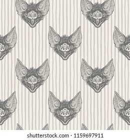 Vampire bat's head with open mouth and bared fangs regular pattern. Halloween, witchcraft, magic, horror retro background. Striped seamless vector texture. Stripes, streaks, bars, uneven doodle lines
