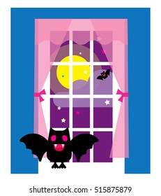 Vampire bats sitting on the window at night. Vector illustration