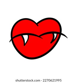 Vampire bite and kiss illustration. Red lips with vampire teeth. Vampire lips for Gothic design. Comic style. Vector illustration isolated on white background.