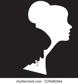 A vampire bites the neck of an attractive lady in a halloween illustration that uses negative space.