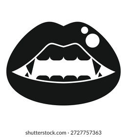Vampiro mordiendo labios mostrando colmillos y dientes en estilo monocromo