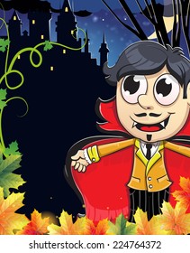 Vampire boy near the ancient castle with glowing windows. Halloween night scene 