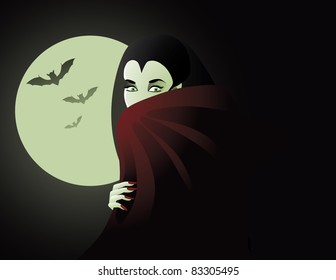 Vampire with cape A beautiful Vampire stares from behind her cape. Vector file. Grouped for easy editing.