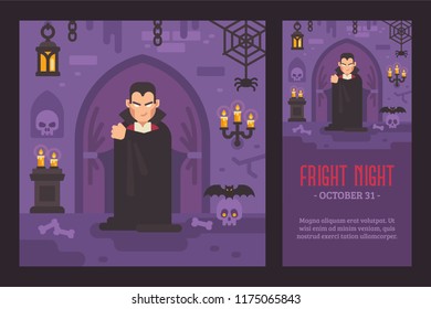 Vampire in a cape standing in a dark crypt with skulls and bats. Halloween flat illustration and flyer