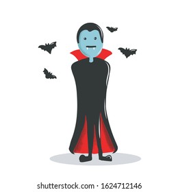 Vampire Cartoon Character in Black and Red Cape with Bats Flying Around for Halloween