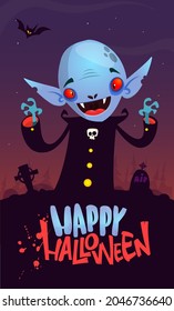 Vampire cartoon character on night cemetery background. Halloween illustration of funny creature. Package, poster or greeting invitation design. Vector isolated
