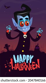 Vampire cartoon character on night cemetery background. Halloween illustration of funny creature. Package, poster or greeting invitation design. Vector isolated
