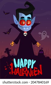 Vampire cartoon character on night cemetery background. Halloween illustration of funny creature. Package, poster or greeting invitation design. Vector isolated
