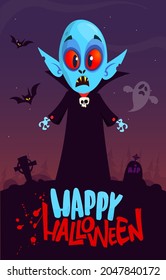 Vampire cartoon character on night cemetery background. Halloween illustration of funny creature. Package, poster or greeting invitation design. Vector isolated
