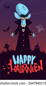 Vampire cartoon character on night cemetery background. Halloween illustration of funny creature. Package, poster or greeting invitation design. Vector isolated
