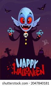 Vampire cartoon character on night cemetery background. Halloween illustration of funny creature. Package, poster or greeting invitation design. Vector isolated
