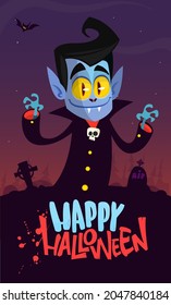 Vampire cartoon character on night cemetery background. Halloween illustration of funny creature. Package, poster or greeting invitation design. Vector isolated
