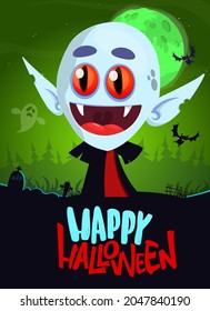 Vampire cartoon character on night cemetery background. Halloween illustration of funny creature. Package, poster or greeting invitation design. Vector isolated
