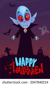 Vampire cartoon character on night cemetery background. Halloween illustration of funny creature. Package, poster or greeting invitation design. Vector isolated
