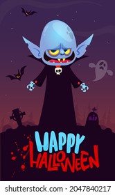 Vampire cartoon character on night cemetery background. Halloween illustration of funny creature. Package, poster or greeting invitation design. Vector isolated
