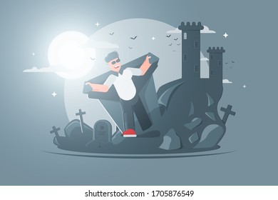 Vampire cartoon character. Ugly dead walk through cemetery. Vampire crawls out of the grave. illustration