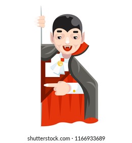 Vampire cartoon support help consultation advice promotion looking out corner character Halloween solution flat design vector illustration