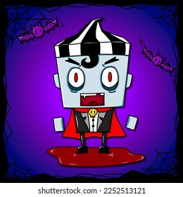 A vampire in cartoon vector style is depicted with black and white hair, pale blue skin, a black suit, and a red cape. He has two little bats as partners. He is standing on a bloody floor.