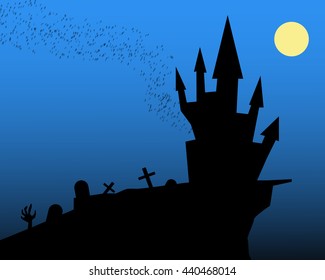 Vampire castle and flying bat on night sky, vector