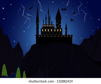 Vampire castle in the mountains with flying bats