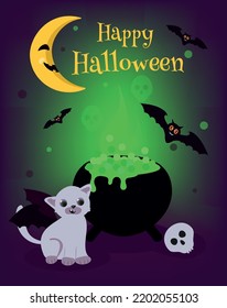 Vampire cat, cauldron with magic potion and bats. Halloween card or invitation.