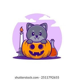 Vampirkatze auf dem Kürbis mit Kerze und Flasche Blut Cartoon Halloween. Illustration lächelnder Kürbis. Halloween Element und Dekorationen. Halloween-Illustration, Vektorcartoon. 