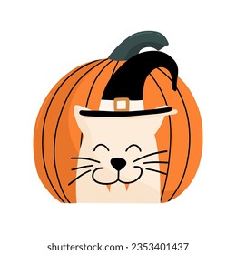 Vampire cat with pumpkin for Halloween. Vector illustration in cartoon style.