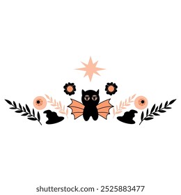 A vampire cat with wings surrounded by flowers, hats, twigs vector illustration on white background