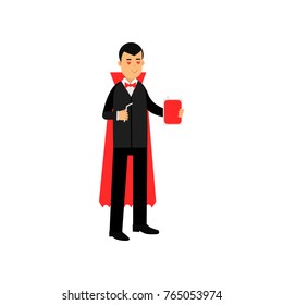 Vampire character standing with a flask of blood and straw, Count Dracula wearing black suit and red cape vector Illustration