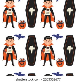 Vampire Coffin Bat Halloween Pattern. Halloween Kids Wallpaper, Digital Paper. Cartoon Flat Vector Repeat Background