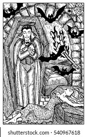 Vampire in coffin, bats and bitten woman. Fantasy magic creatures collection. Hand drawn vector illustration. Engraved line art drawing, graphic mythical doodle. Template for card game, poster