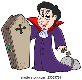 Vampiro con ataúd y tumbas - ilustración vectorial.