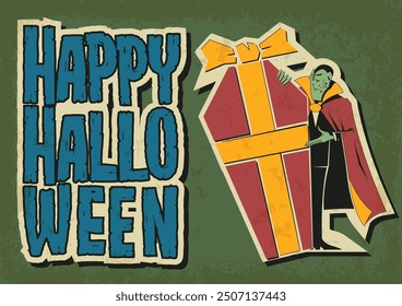 Vampire and Coffin. Retro Halloween Greetings Cards Style Illustration. 1950s - 1960s Style Characters and Style, Mid Century Modern Colors. Grunge Background 