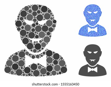 Vampire composition of filled circles in variable sizes and color tones, based on vampire icon. Vector filled circles are combined into blue collage. Dotted vampire icon in usual and blue versions.