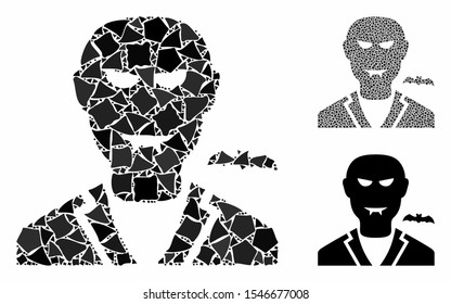 Vampire composition of joggly parts in different sizes and color tones, based on vampire icon. Vector bumpy pieces are composed into collage. Vampire icons collage with dotted pattern.