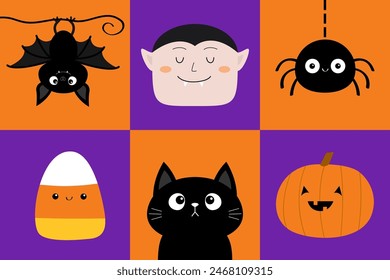 Vampire Count Dracula. Black bat, cat, spider web. Pumpkin, candy corn. Happy Halloween. Cute cartoon kawaii smiling face set. Greeting card. Childish style. Flat design. Colorful background. Vector