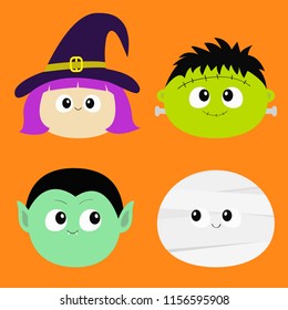 Vampire count Dracula, Frankenstein, Mummy, whitch hat, zombie round face head icon set. Happy Halloween. Cute cartoon funny spooky baby character. Greeting card. Flat design Orange background. Vector