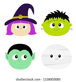 Vampire count Dracula, Mummy, whitch hat, Frankenstein zombie round face head icon set. Happy Halloween. Cute cartoon funny spooky baby character. Greeting card. Flat design White background. Vector