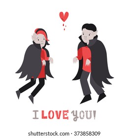 Vampire cute couple with heart vector illustration. I love you! greeting card. Part one.